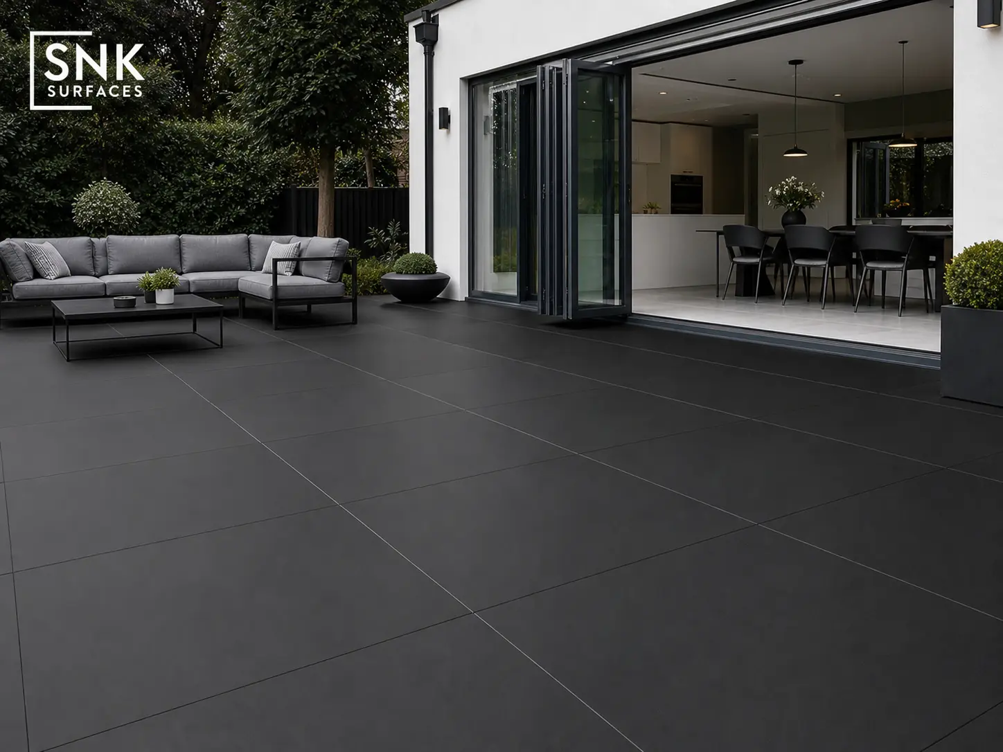 Modern UK terrace paved with Brazilian black porcelain tiles showing uniform dark colour and tight grout lines