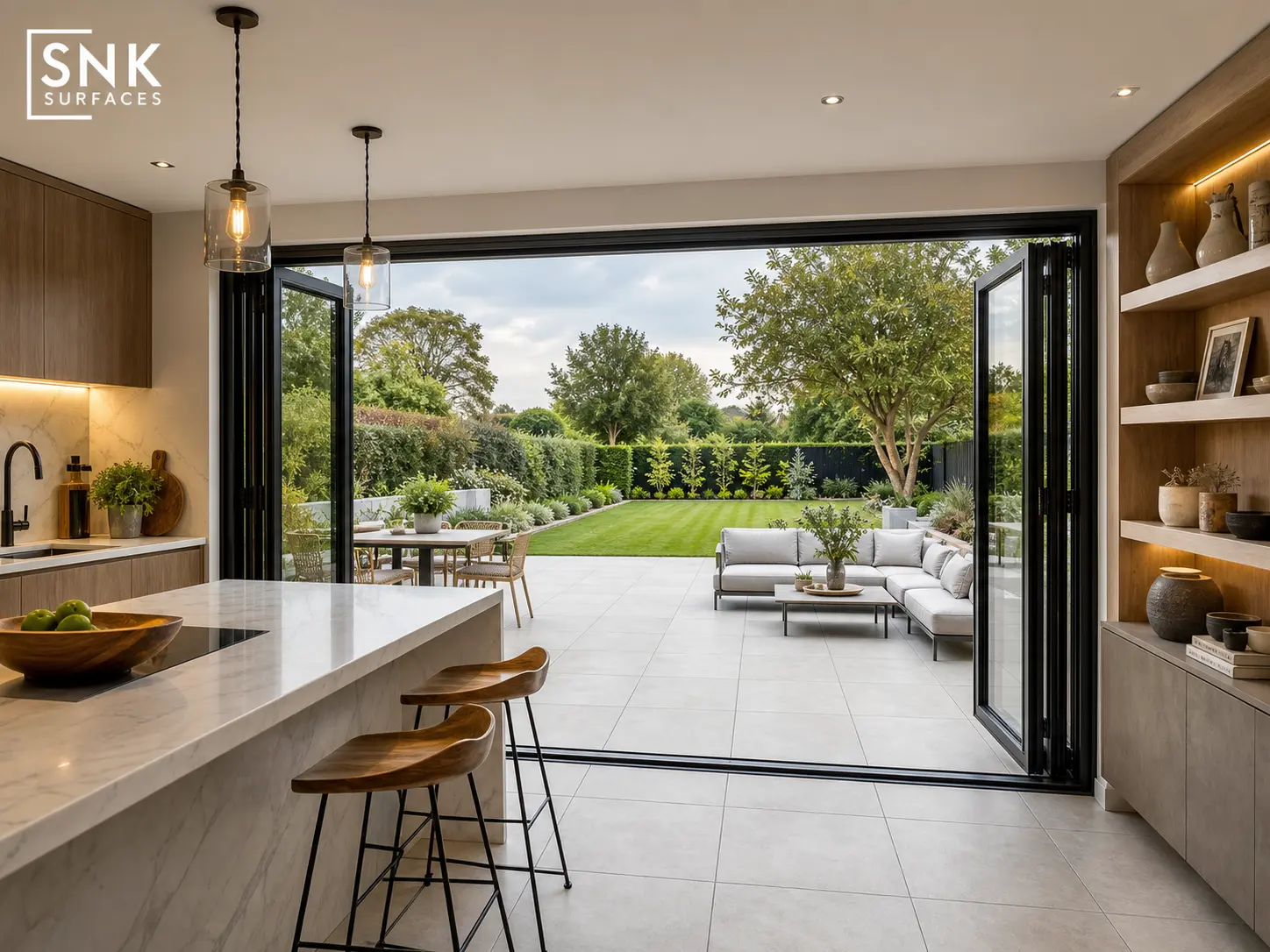 Seamless indoor-outdoor transition with County LGY porcelain paving continuing from kitchen to UK garden patio
