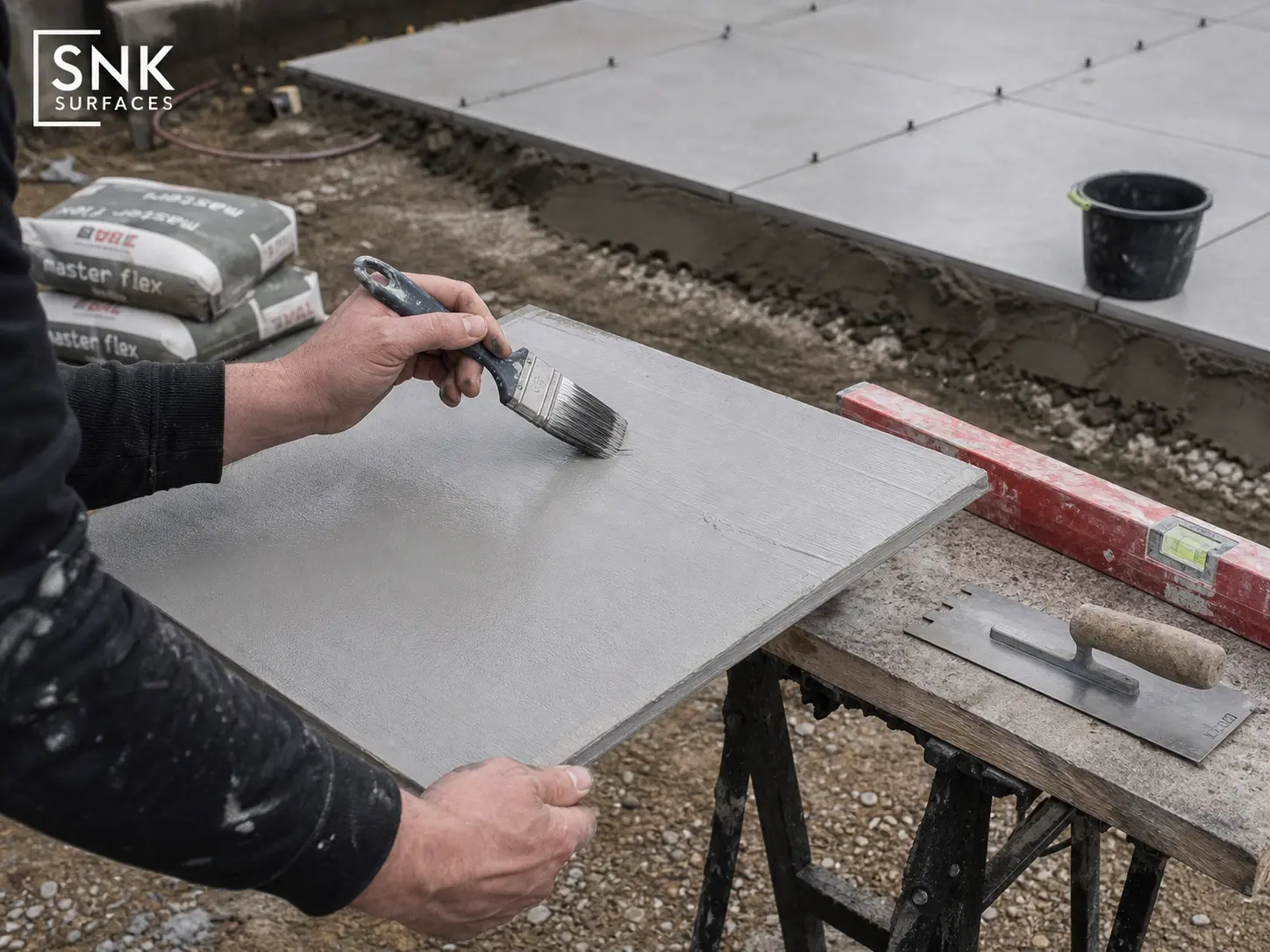Contractor applying slurry primer to County LGY porcelain paving before laying on mortar bed