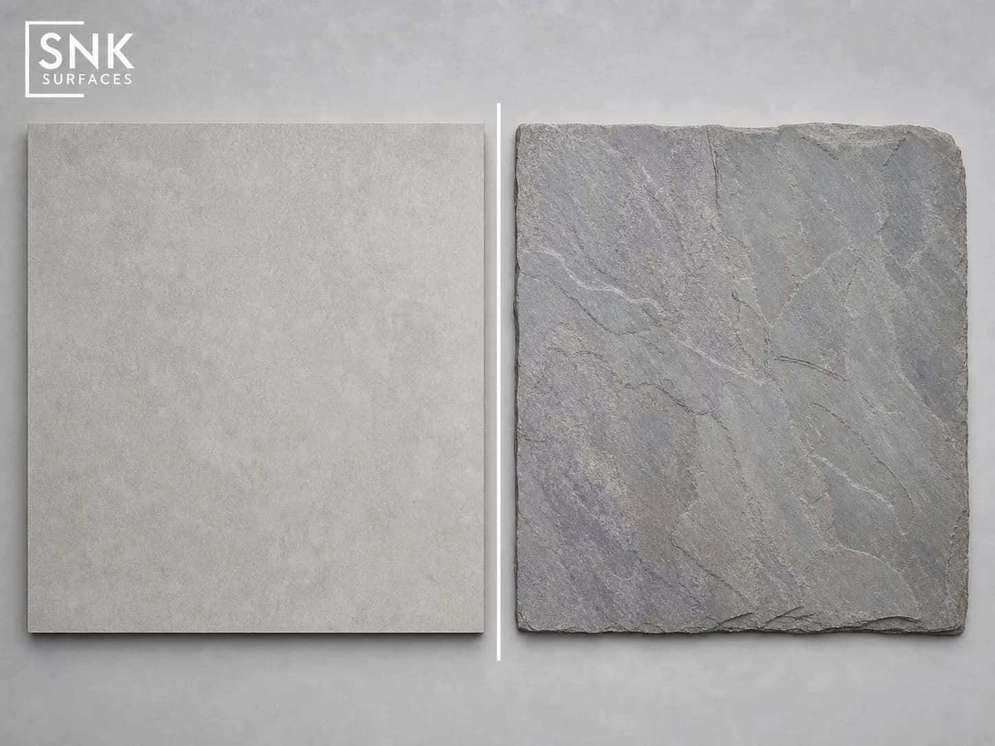 Side-by-side comparison of County LGY porcelain paving and Kandla Grey natural sandstone paving