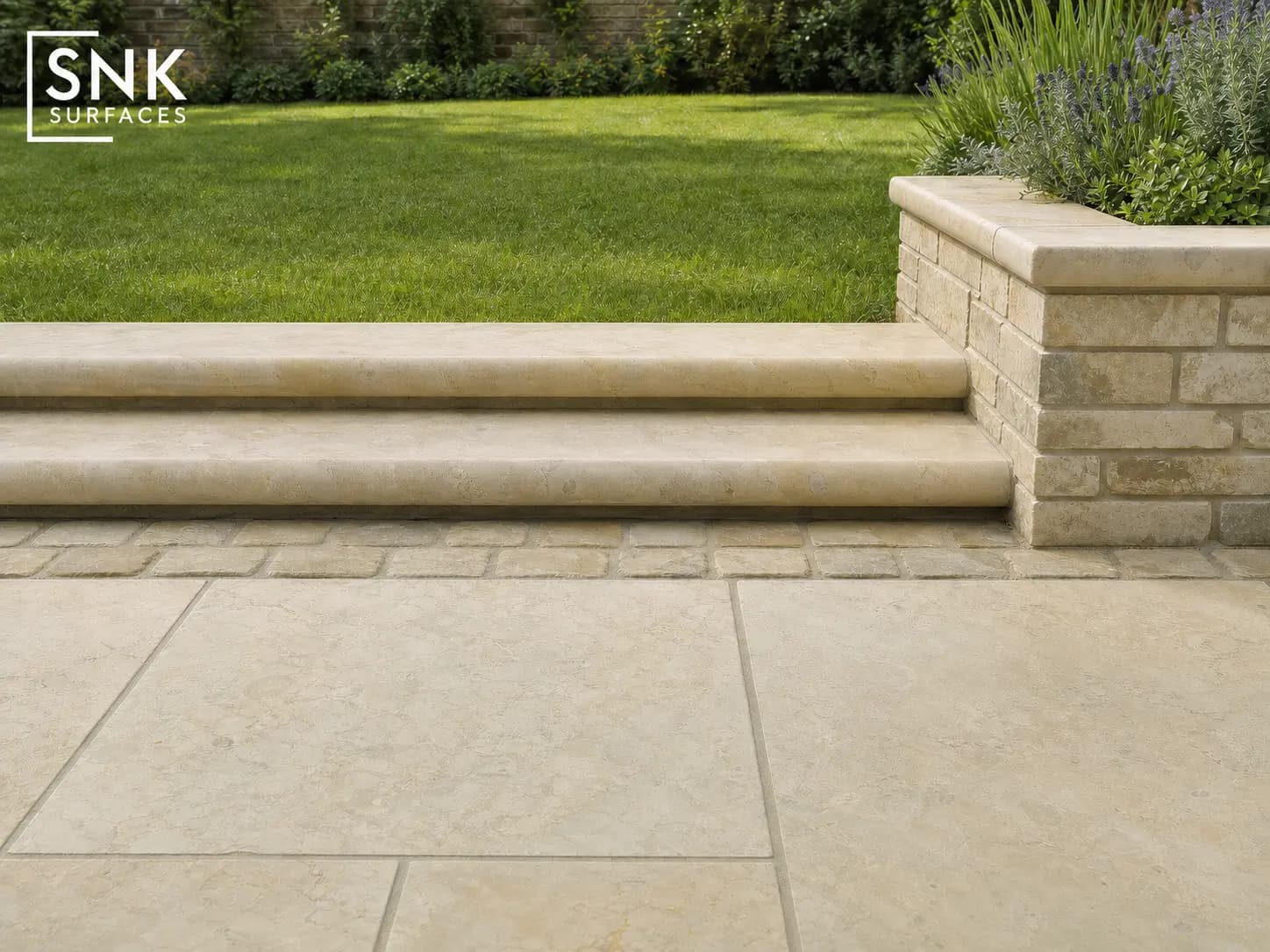 Matching fossil mint sandstone paving, bullnose steps, setts, cobbles, and walling bricks from one quarry block