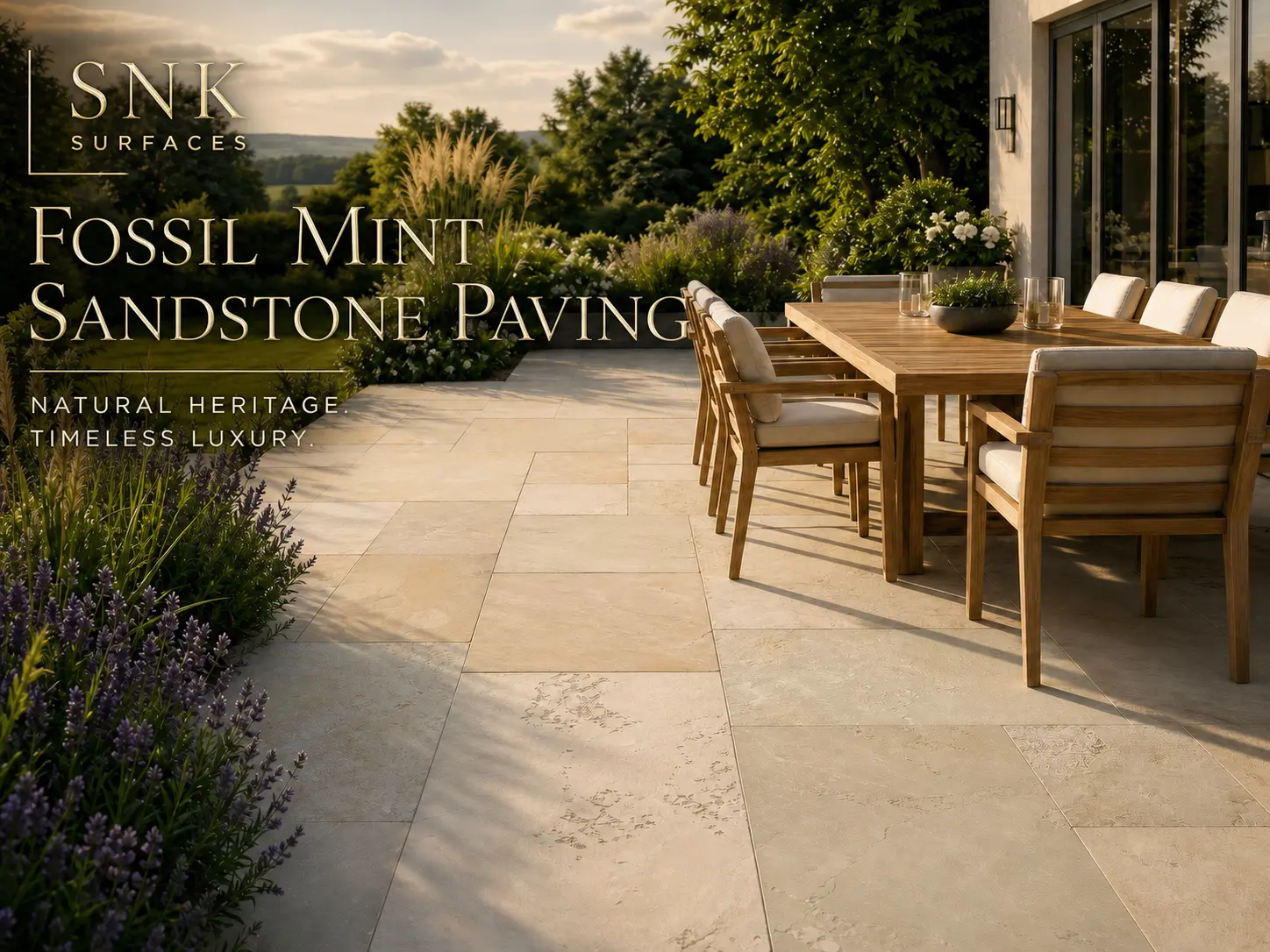 Fossil Mint Sandstone paving on a luxury UK garden patio with the blog title overlay