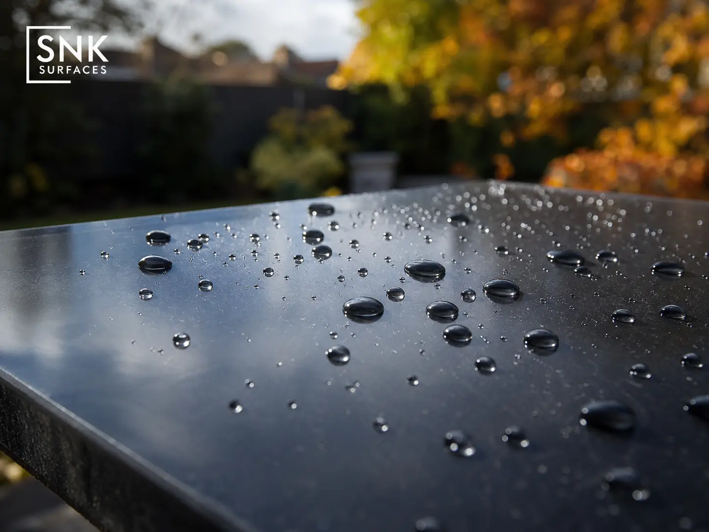 Water droplets beading on Brazilian black porcelain paving surface showing low porosity and easy maintenance