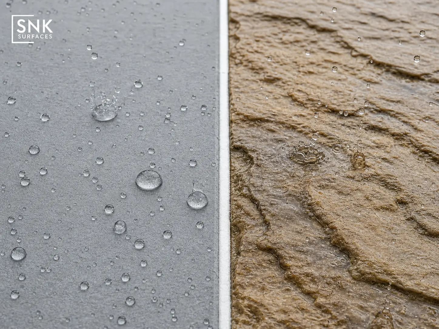Water behaviour on R11 porcelain surface versus wet riven sandstone during UK rainfall