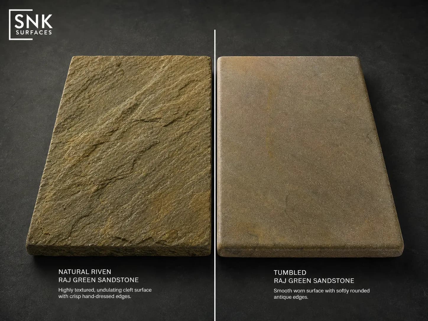 Side-by-side comparison of natural riven and antique tumbled raj green sandstone paving slabs