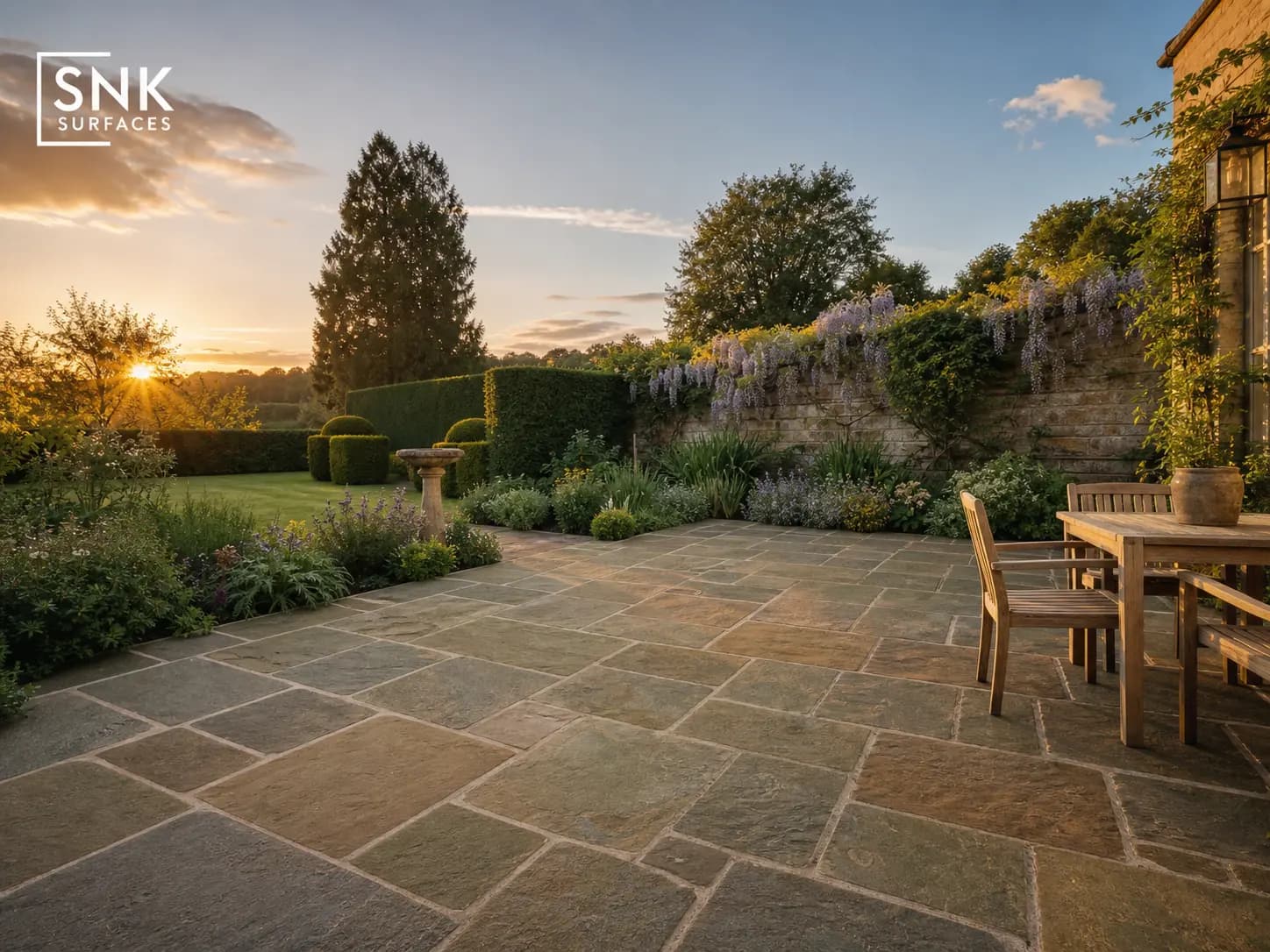 Completed traditional UK heritage garden featuring raj green sandstone paving with mature planting and brick walls