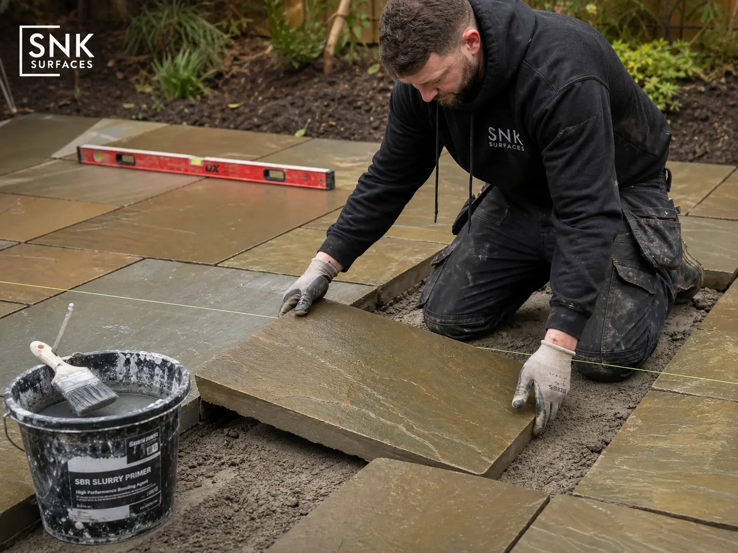 UK contractor laying raj green sandstone paving on a full wet mortar bed with SBR slurry primer