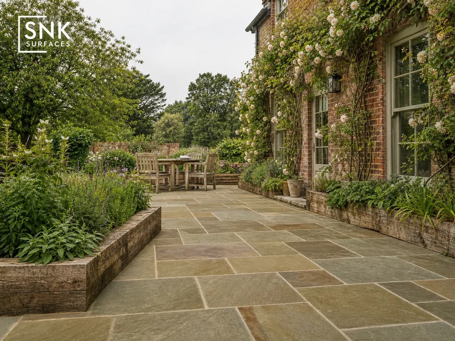Traditional UK cottage garden patio laid with natural raj green sandstone paving slabs in olive, brown, and grey tones
