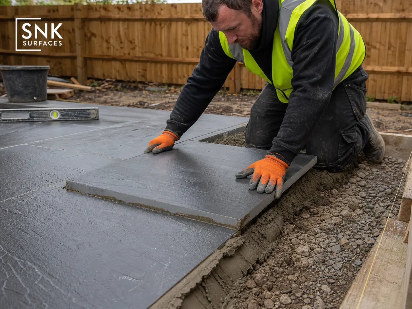 UK contractor installing Sagar Black Sandstone on a full mortar bed with SBR slurry primer
