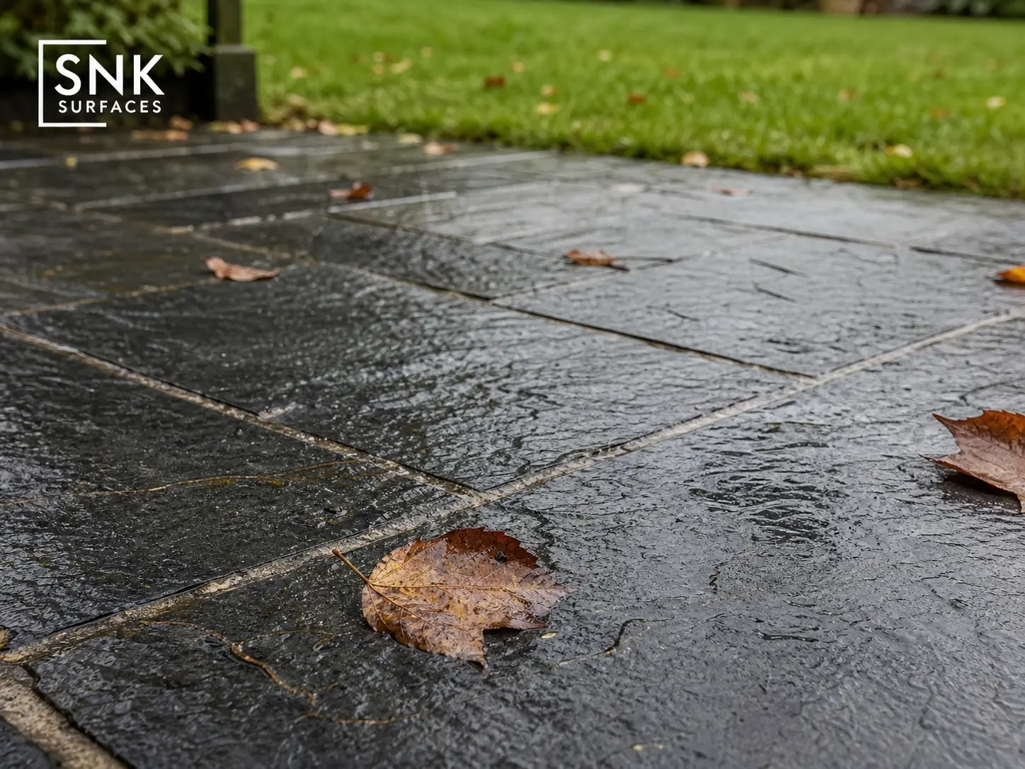 Close-up of Sagar black sandstone paving showing natural riven texture with charcoal and gold mineral tones