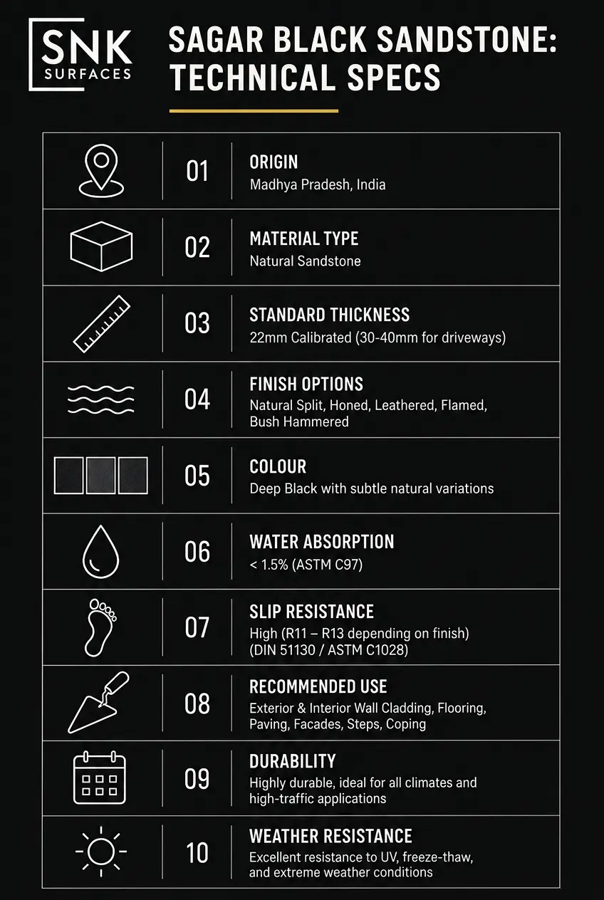 Infographic showing technical specifications for Sagar Black Sandstone paving
