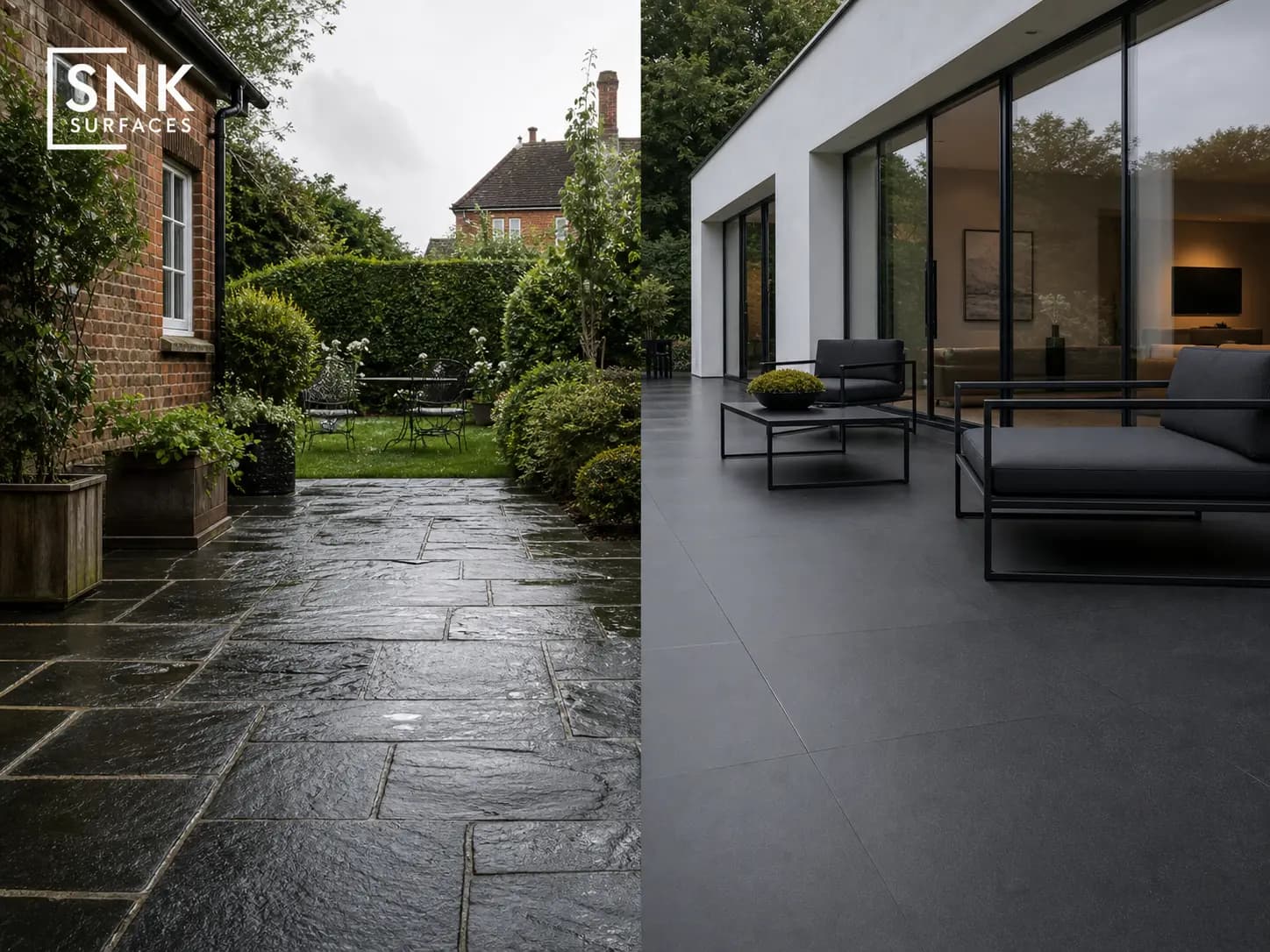 Split view comparing Sagar black sandstone and Brazilian black porcelain paving in UK garden settings