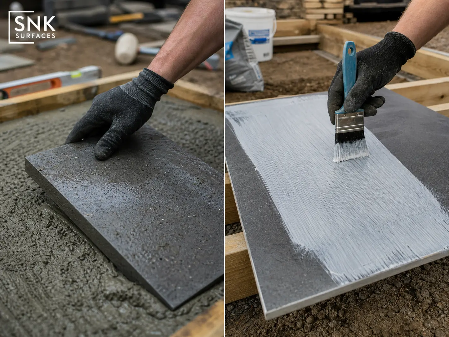 Side-by-side installation of sandstone on mortar bed and porcelain with SBR slurry primer