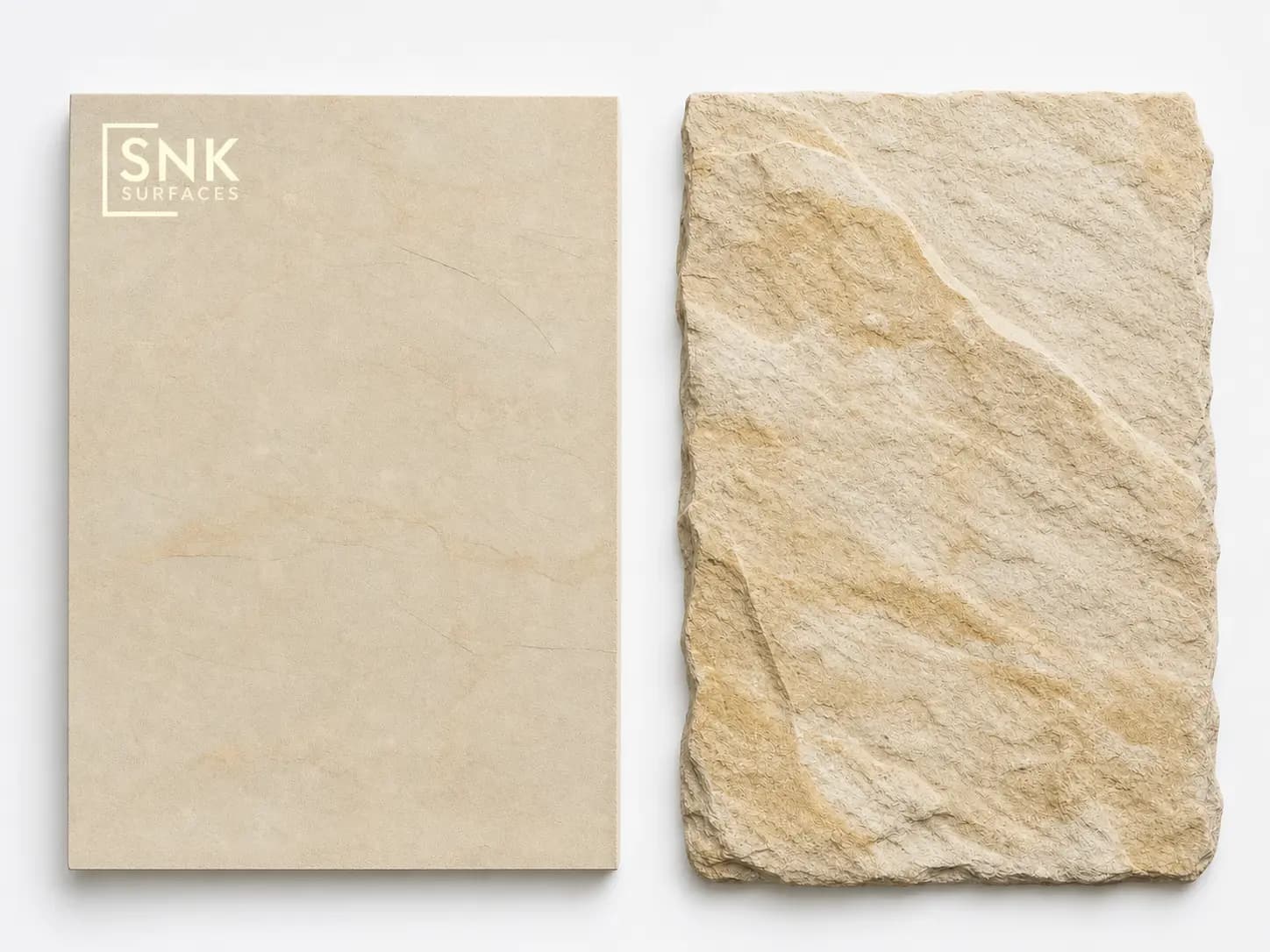 Side-by-side comparison of smooth sawn-and-honed and textured riven fossil mint sandstone paving slabs