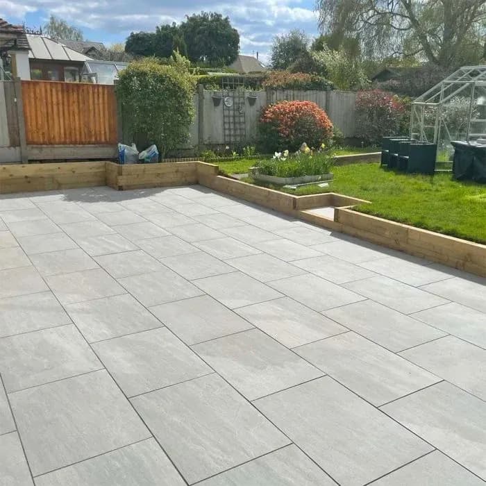 Kandla Grey sandstone paving across a garden terrace