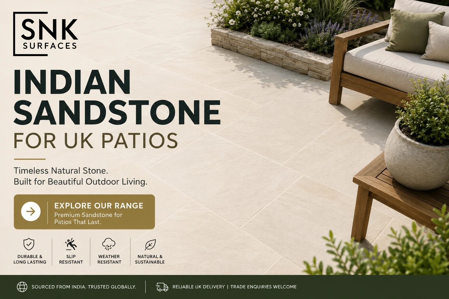 Premium Indian Sandstone for UK Patios - Natural stone paving in Kandla Grey and Raj Green