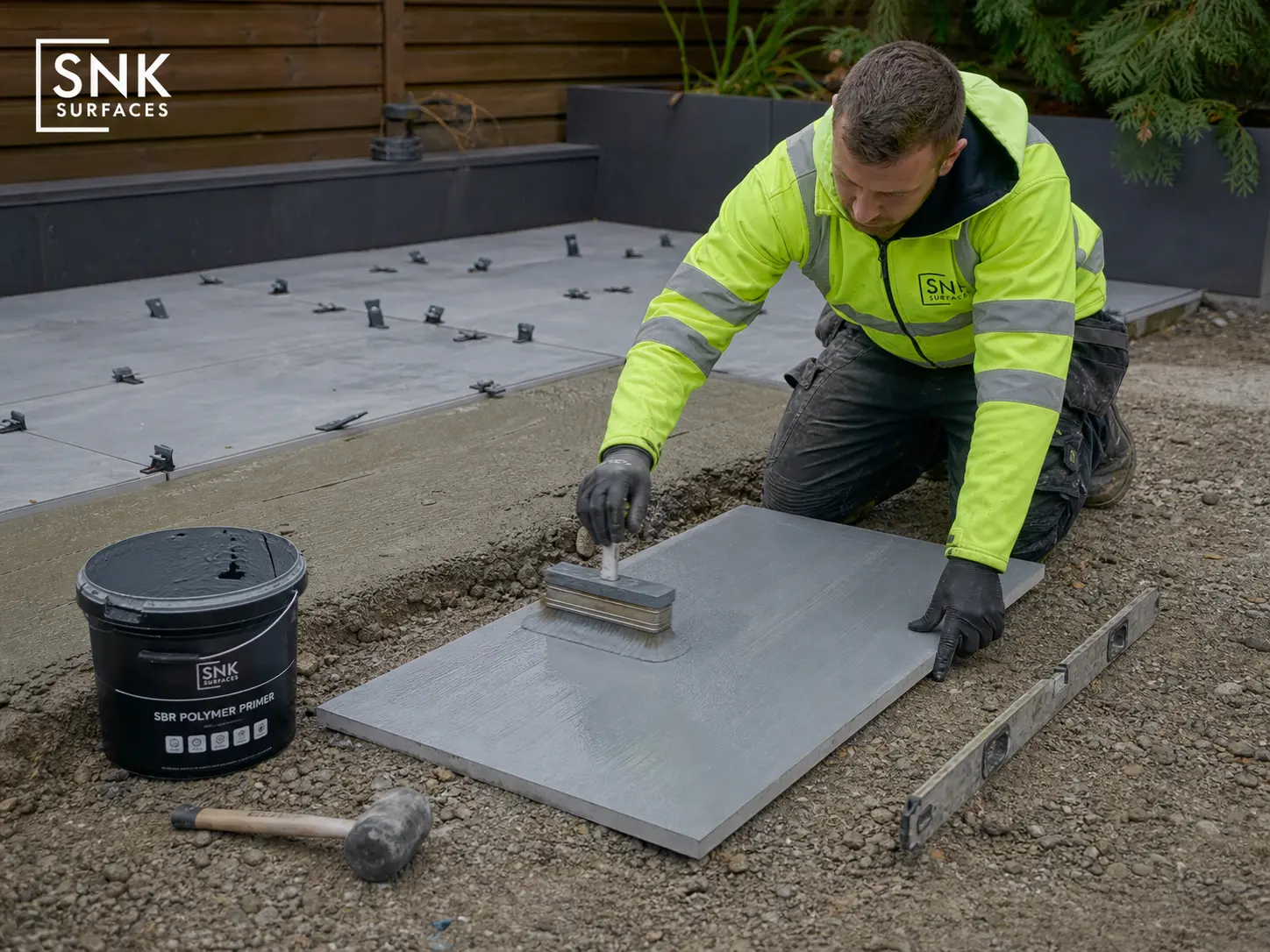 UK contractor applying SBR slurry primer to the back of a Kandla Grey porcelain paving slab before laying on mortar bed