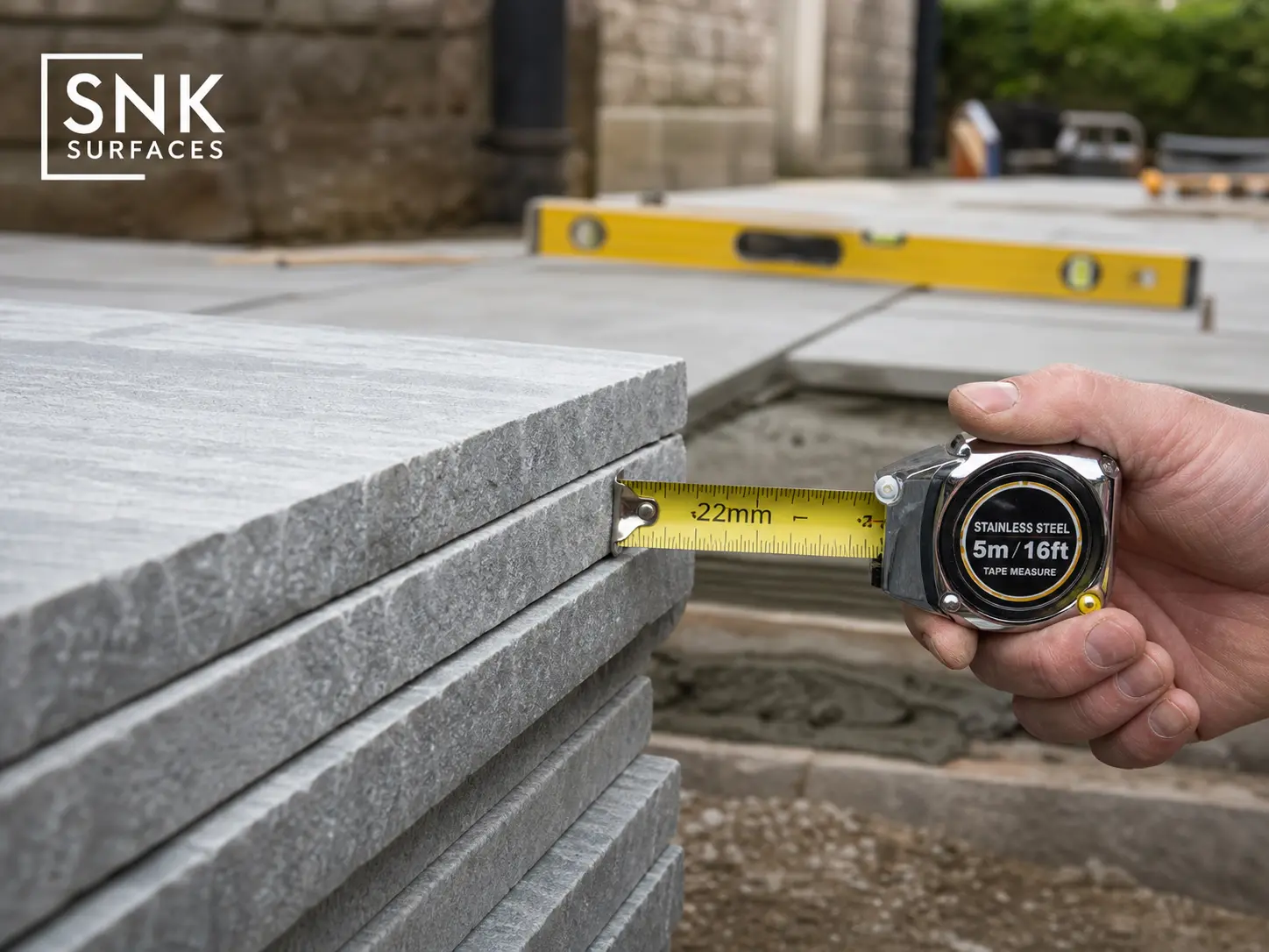 Contractor measuring the precise 22mm calibrated thickness of Kandla Grey sandstone paving slabs