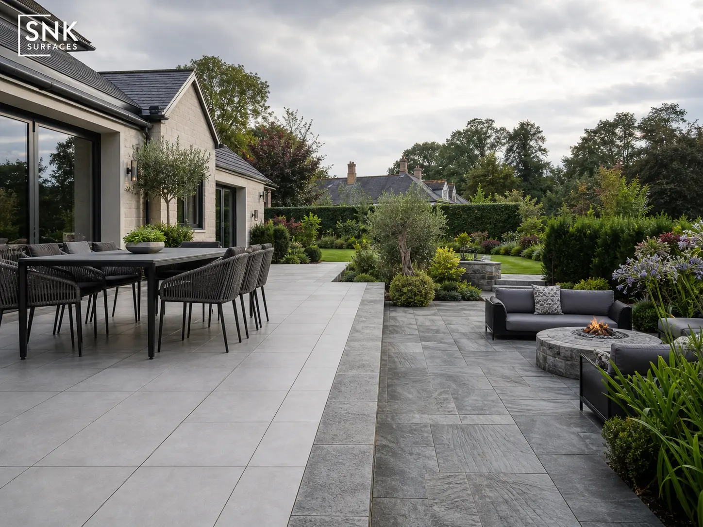 UK garden design combining County LGY porcelain main terrace with Kandla Grey porcelain pathway borders