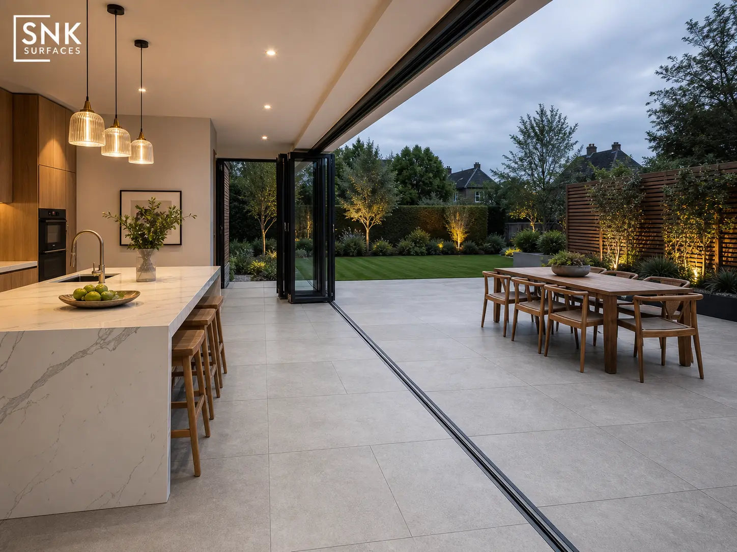County LGY porcelain paving creating a seamless indoor outdoor transition through black aluminium bi-fold doors