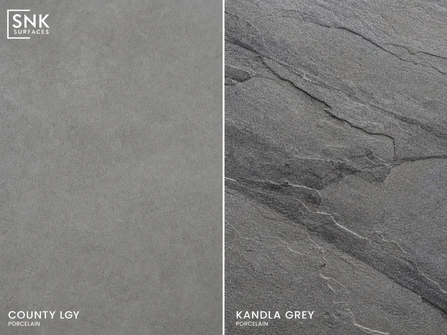 Macro close-up comparing the smooth micro-texture of County LGY porcelain with the artificial riven cleft of Kandla Grey porcelain
