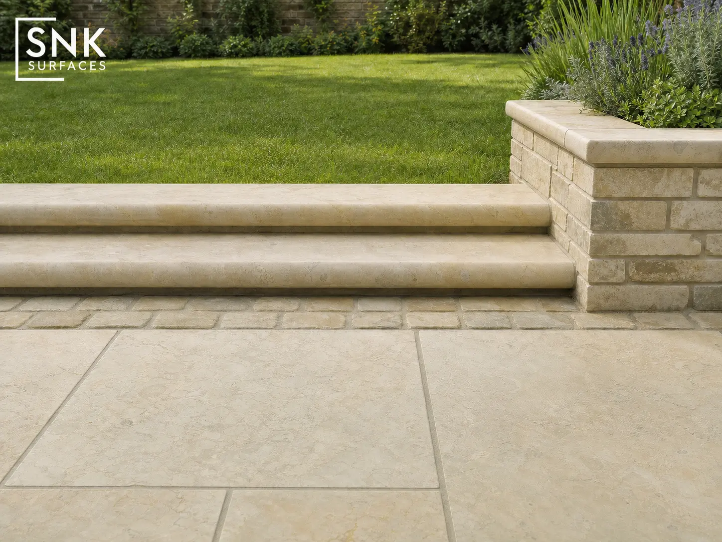Matching fossil mint sandstone paving, bullnose steps, setts, cobbles, and walling bricks from one quarry block