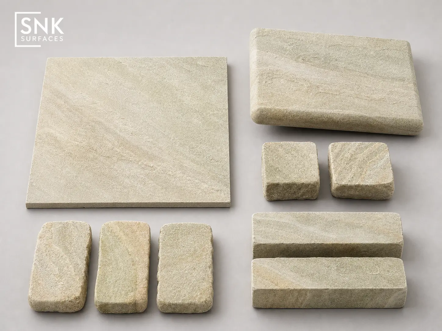 Five matching sandstone products from one quarry block: paving, steps, setts, cobbles, and walling bricks