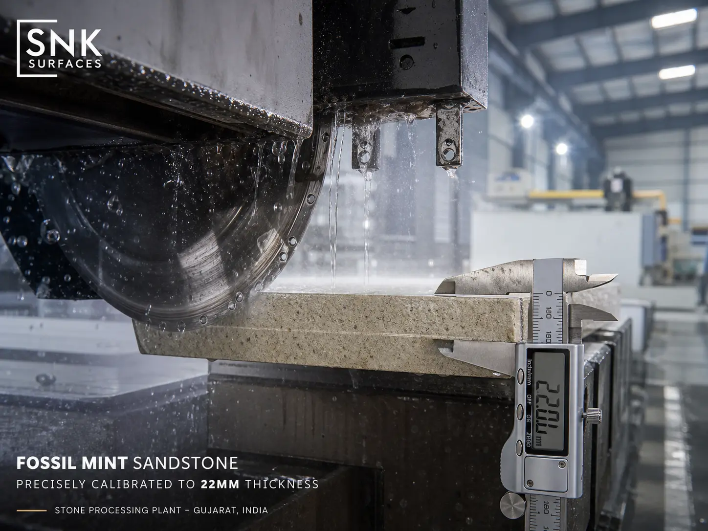 High-tech diamond-tipped blade machinery calibrating Fossil Mint sandstone slabs to precise 22mm thickness