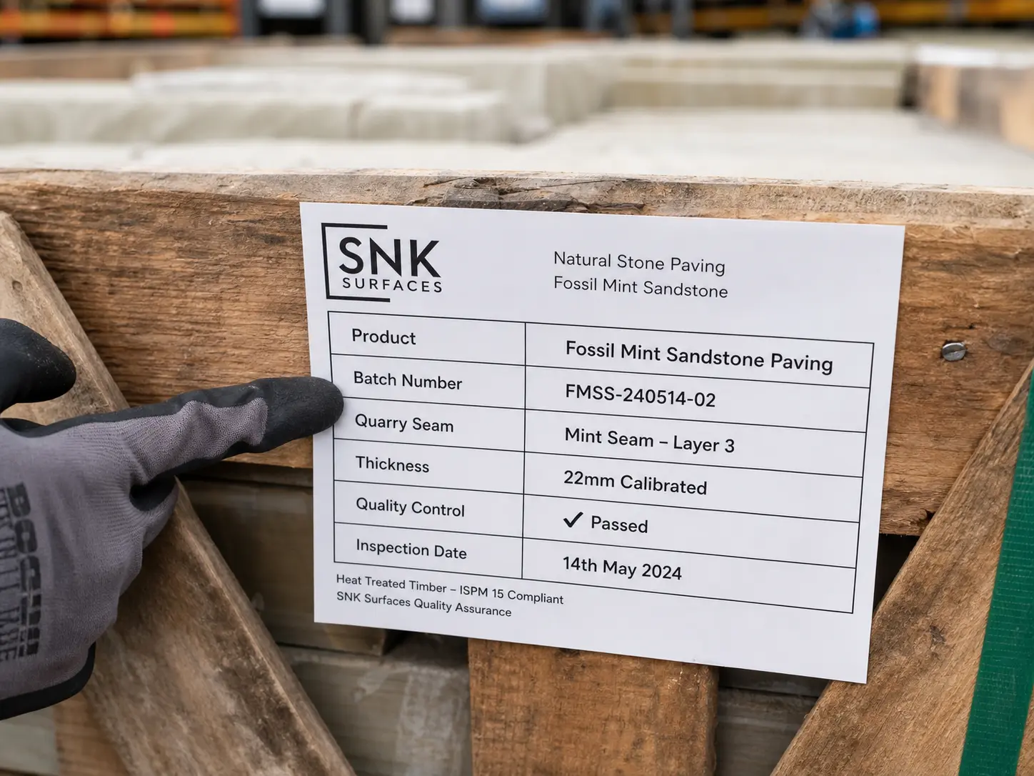Close-up of Fossil Mint sandstone crate label showing batch number, quarry seam, and quality control certification