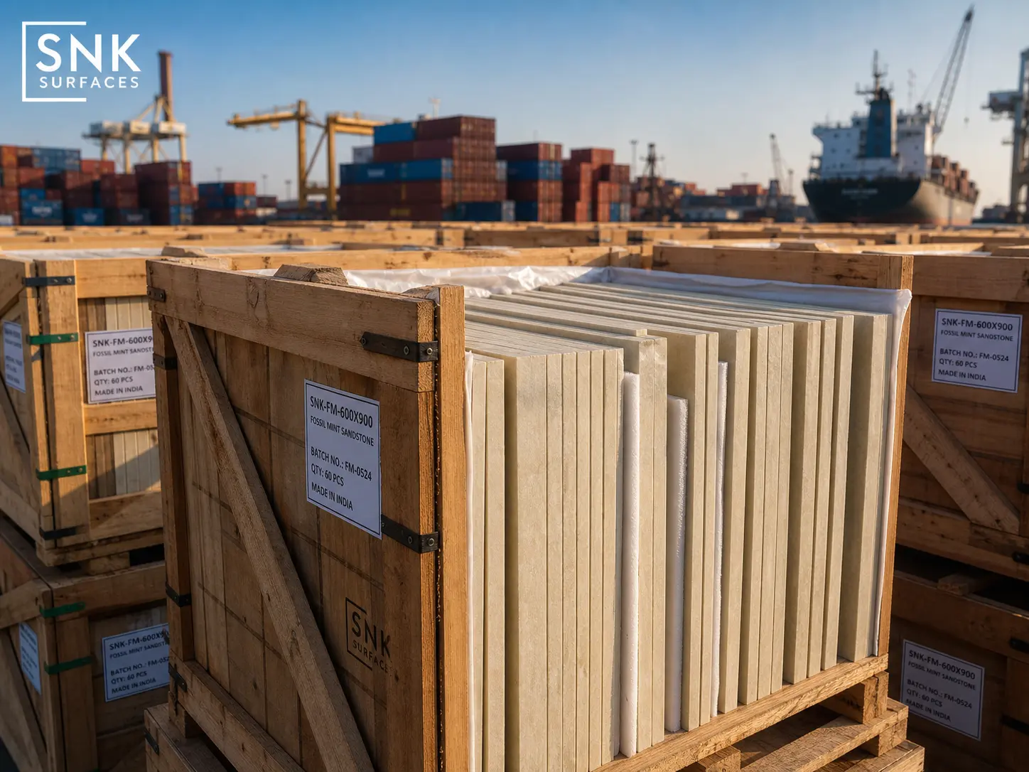 Heavy-duty timber export crates packed with Fossil Mint sandstone slabs ready for shipment to the UK