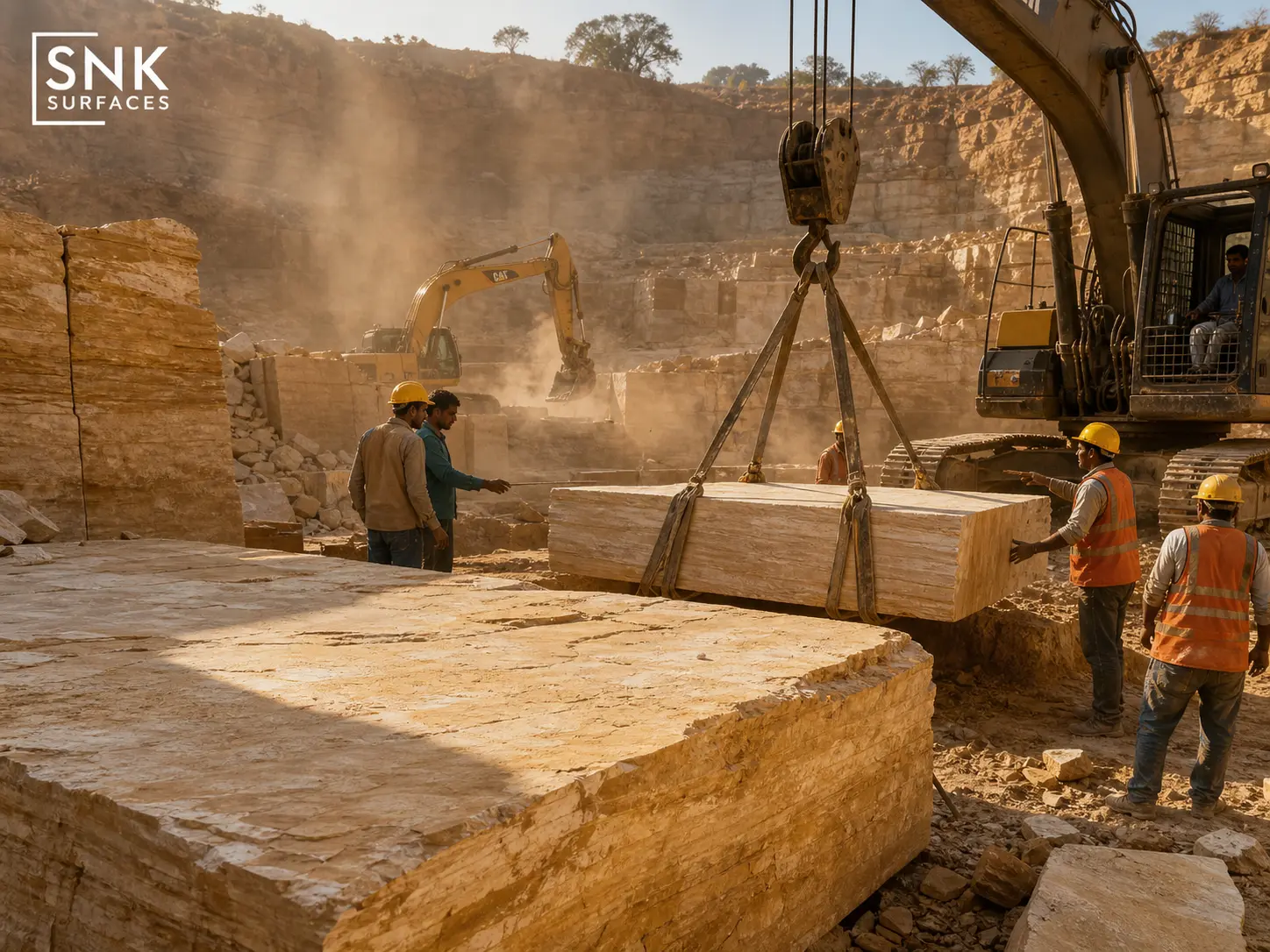 Massive blocks of raw Fossil Mint sandstone being extracted from our Gwalior quarry in Madhya Pradesh