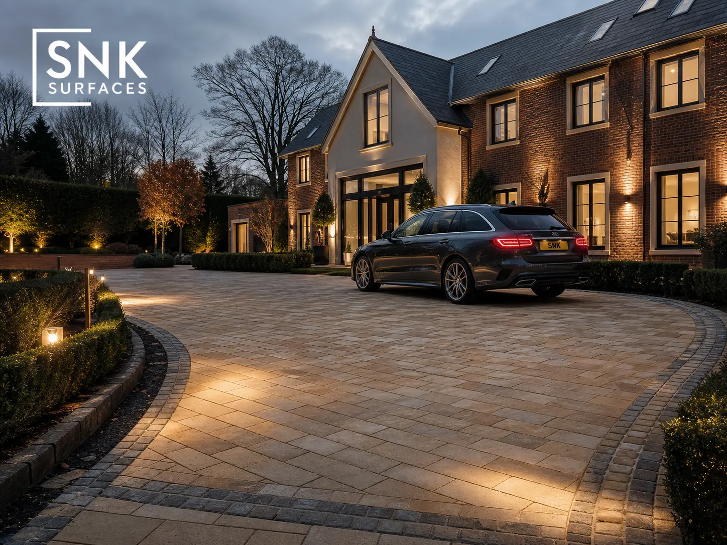 Completed UK residential driveway paved with natural sandstone setts and cobble border detailing
