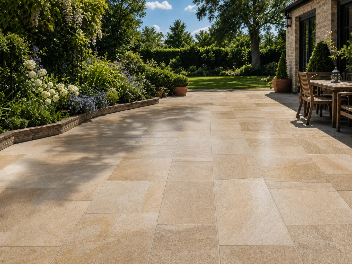 Premium UK garden patio laid with Fossil Mint sandstone showing supply chain journey from Indian quarry to British site