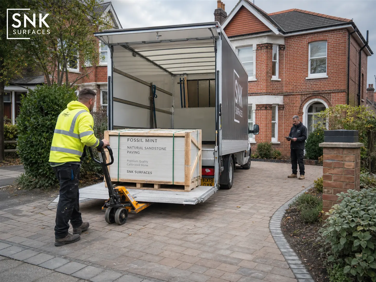 Delivery truck with tail lift offloading a crate of Fossil Mint sandstone paving onto a UK residential driveway