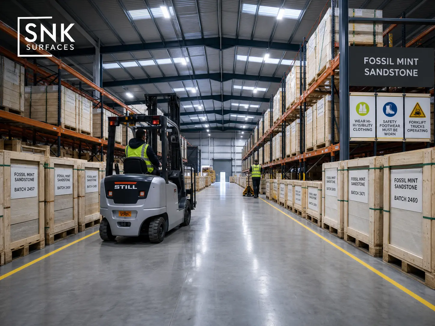 Large UK distribution warehouse stacked with crates of Fossil Mint sandstone ready for nationwide delivery