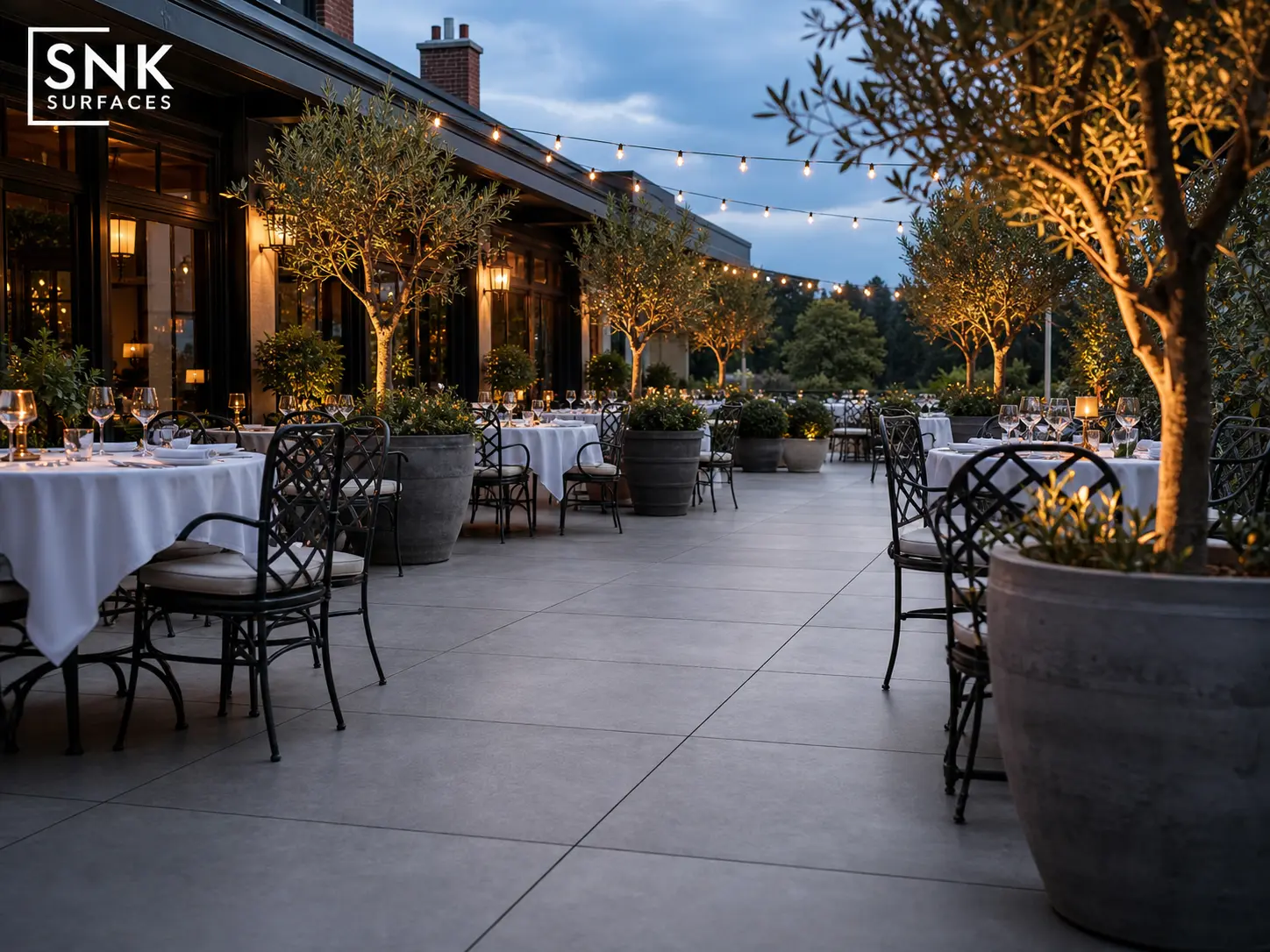 High-traffic UK outdoor restaurant dining terrace paved with grey porcelain patio slabs