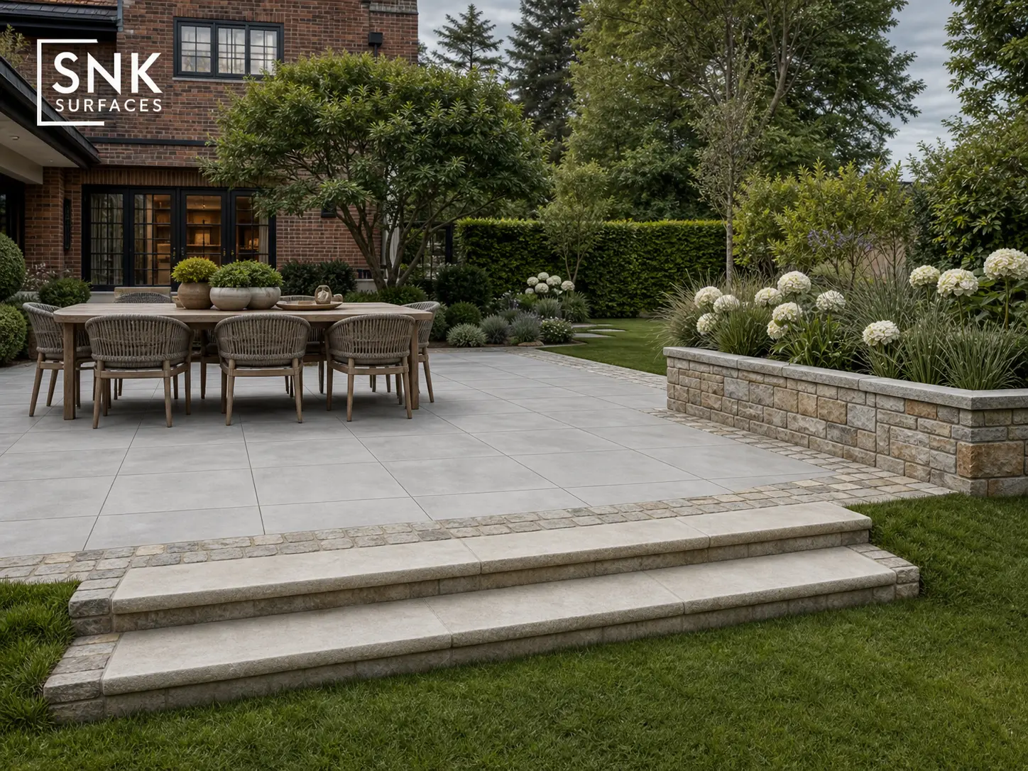 Hybrid UK garden design combining light grey porcelain paving with natural sandstone sett borders and bullnose steps