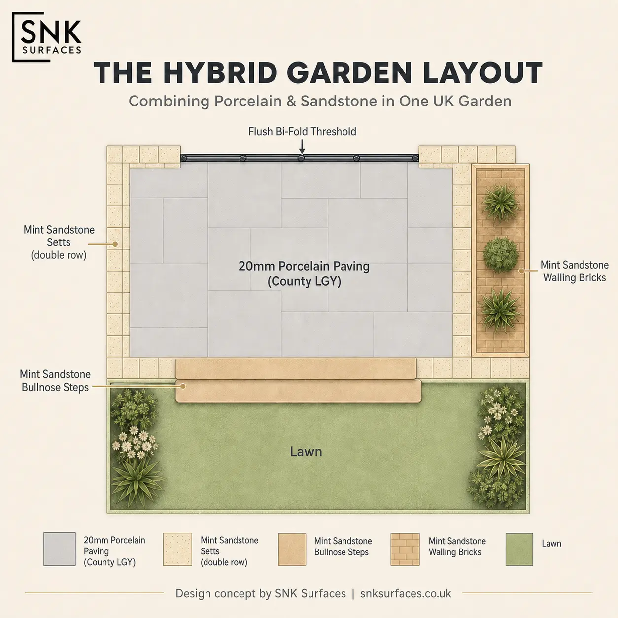 Garden layout plan showing how to combine porcelain paving with sandstone setts, steps, and walling