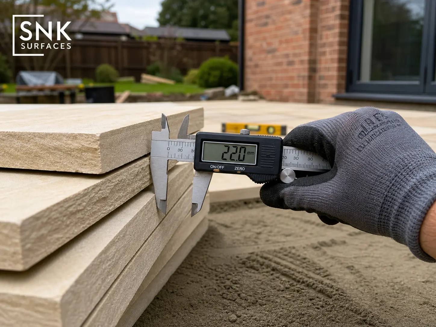 Contractor measuring 22mm calibrated thickness of Indian sandstone paving slabs with digital callipers