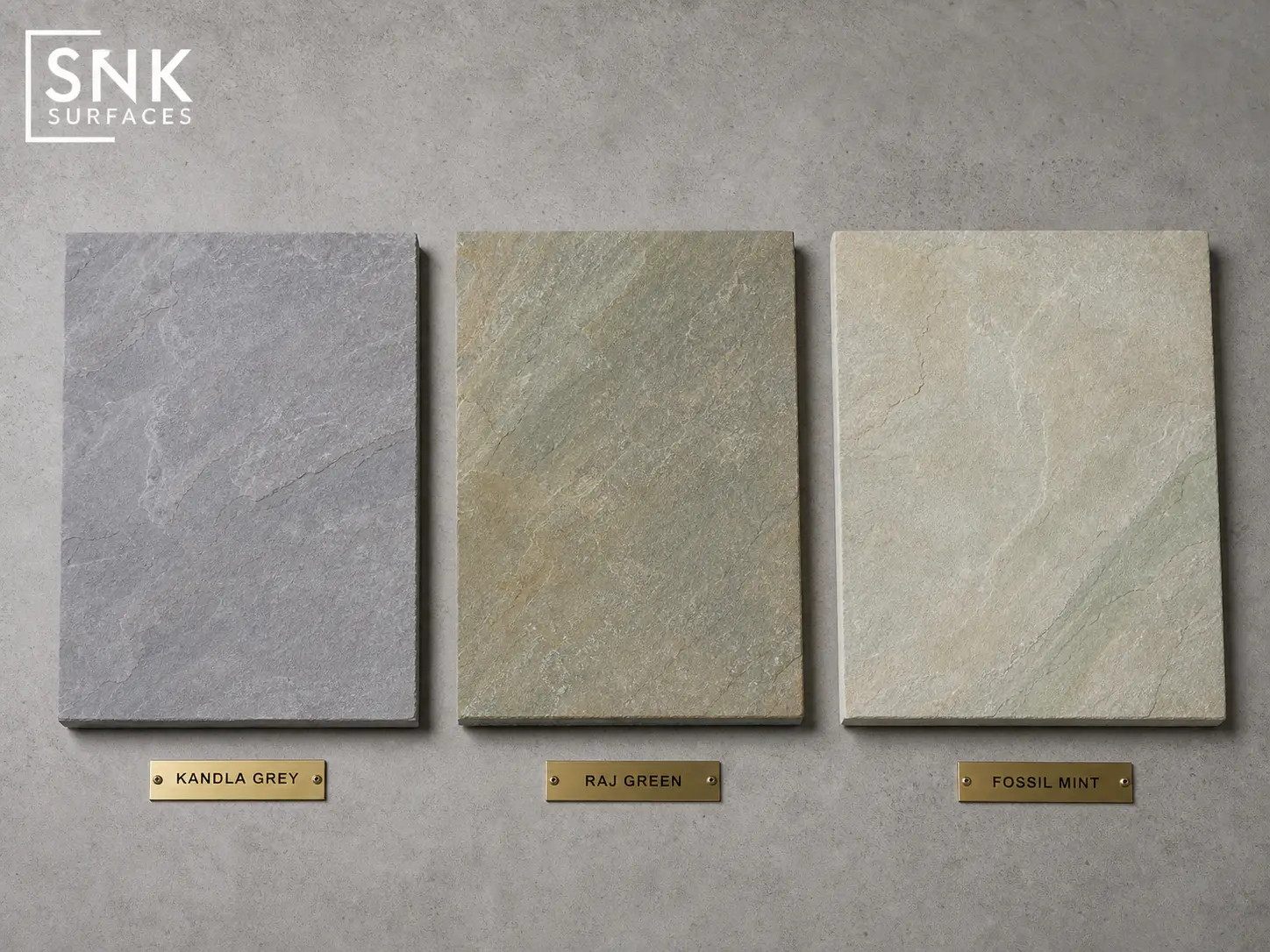 Side-by-side comparison of Kandla Grey, Raj Green, and Fossil Mint Indian sandstone paving slabs
