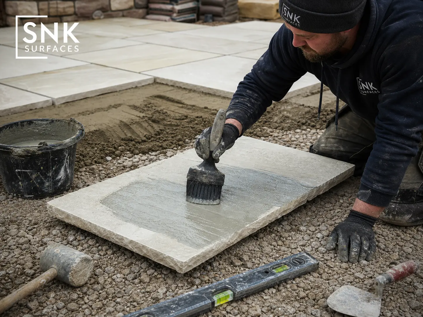 UK contractor applying SBR slurry primer to Indian sandstone paving slab before laying on full mortar bed