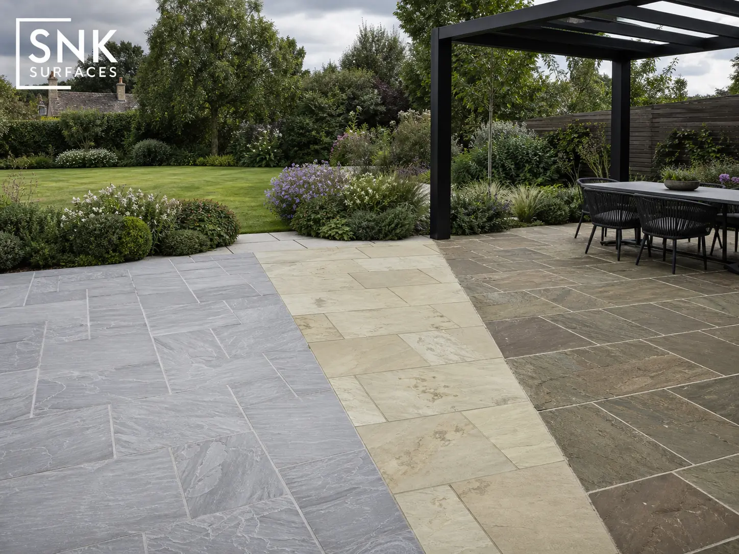 Premium Indian sandstone paving UK patio showing Kandla Grey, Raj Green, and Fossil Mint colour options