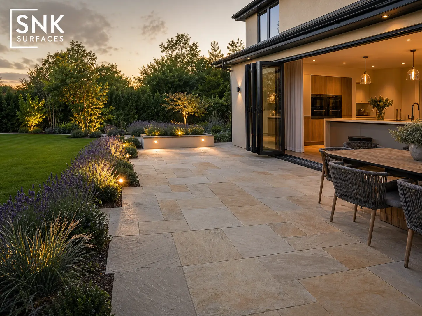 Completed UK garden patio laid with calibrated Indian sandstone paving in warm cream and grey tones