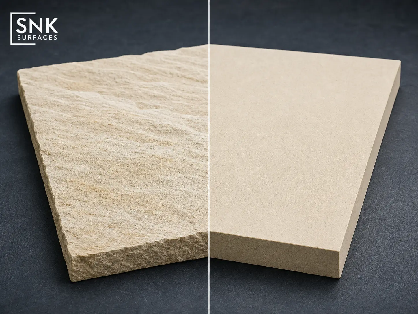 Comparison of traditional riven and modern sawn-and-honed Indian sandstone paving finishes