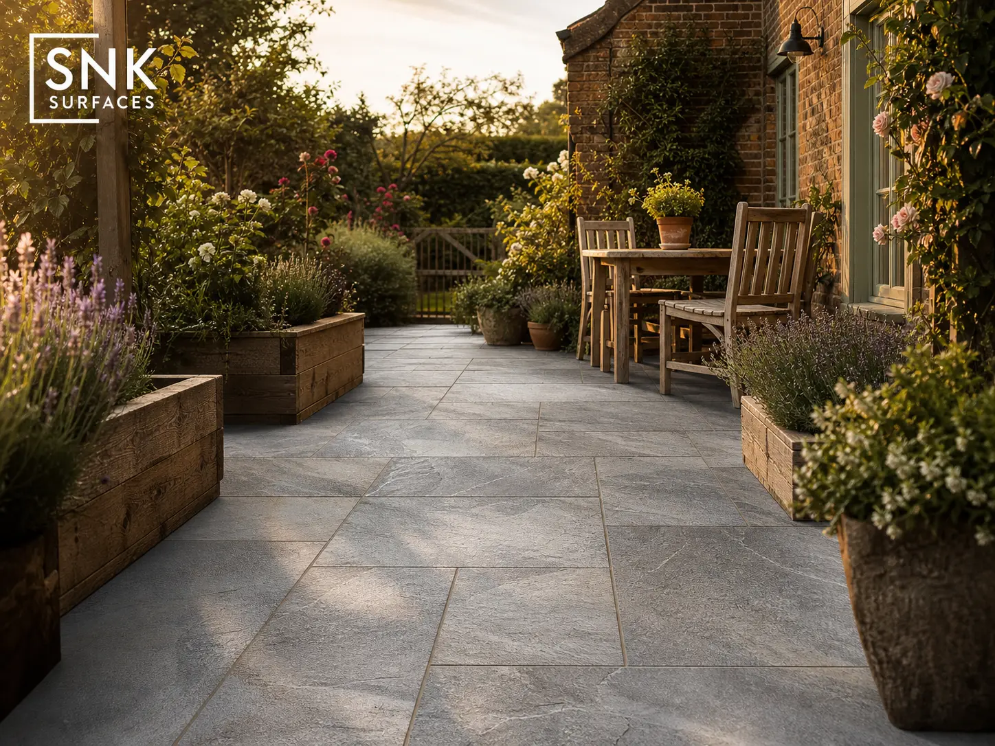 Traditional British cottage garden patio paved with Kandla Grey porcelain slabs showing natural stone texture