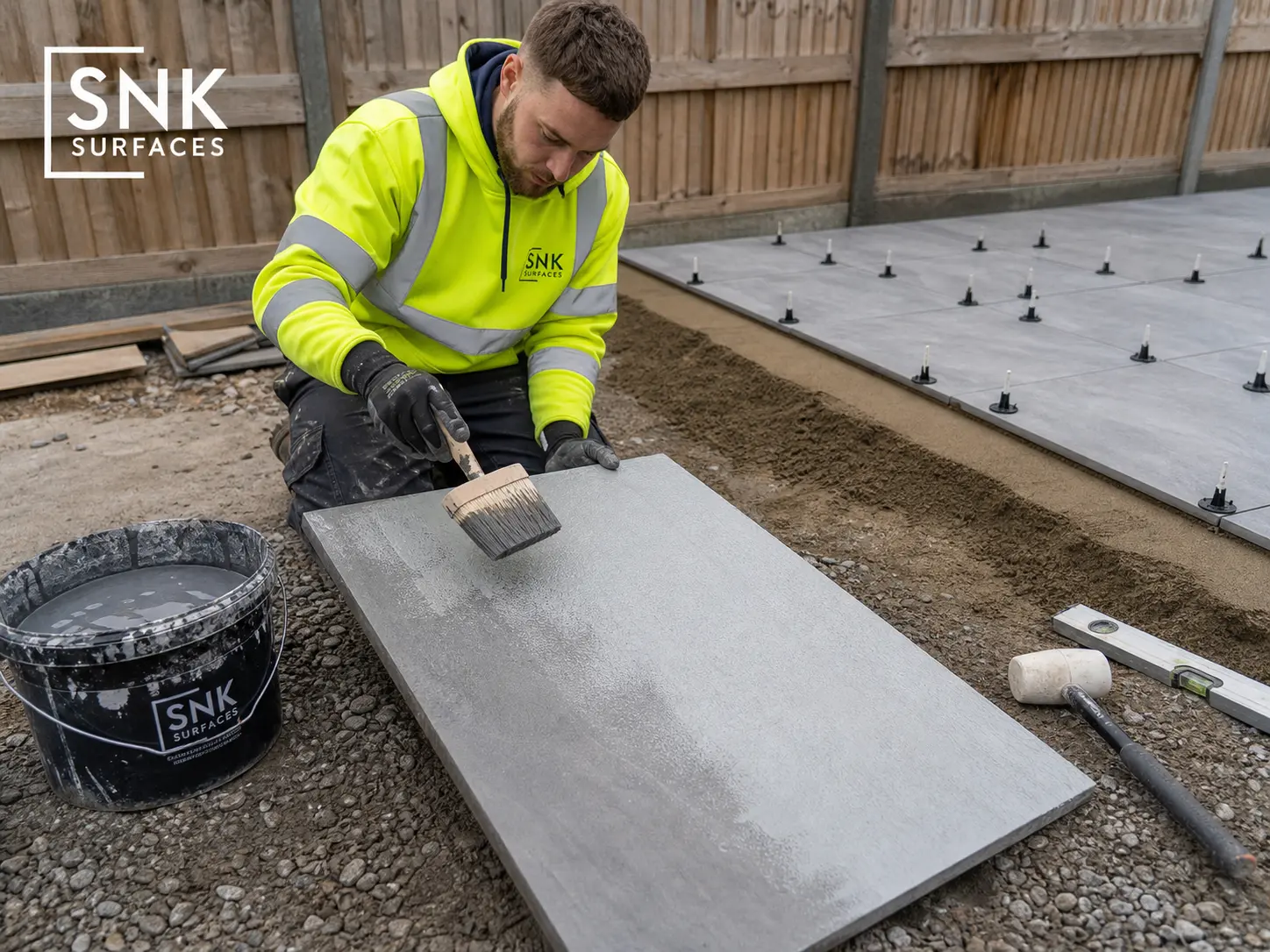 UK contractor applying SBR slurry primer to the back of a kandla grey porcelain paving slab before laying on mortar bed