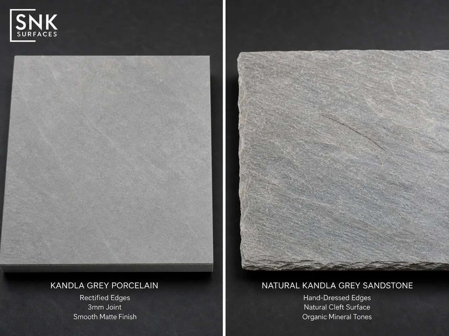 Side-by-side comparison of kandla grey porcelain paving and natural kandla grey sandstone paving