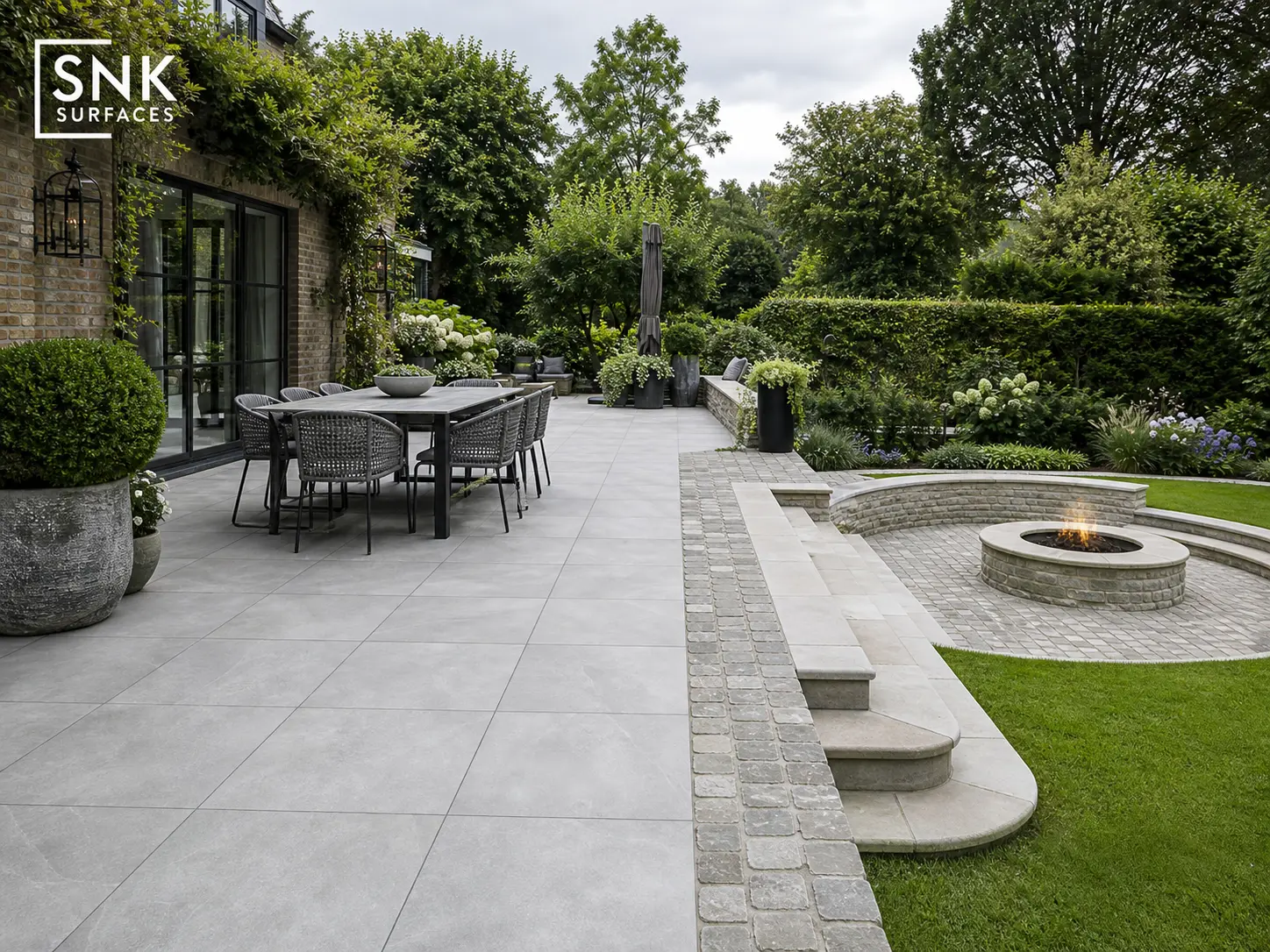 Luxury UK garden combining Kandla Grey porcelain main terrace with natural Kandla Grey sandstone borders and steps