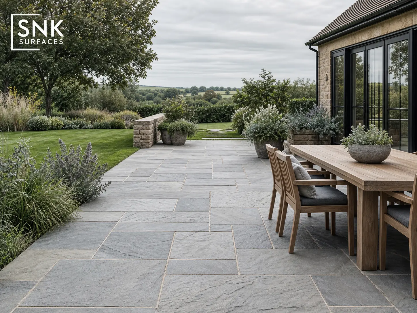 Luxury UK garden patio laid with Kandla Grey sandstone paving slabs in a multi-size pattern
