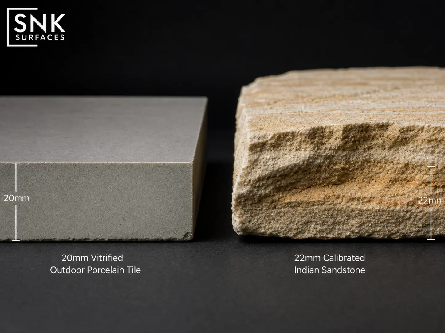 Macro cross-section comparing the vitrified edge of 20mm porcelain with the natural grain of 22mm sandstone